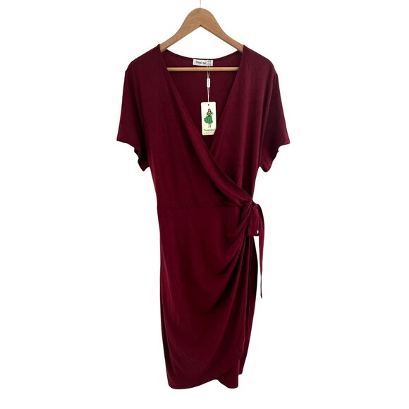 Dark Red Burgundy Soft Stretch Knit Faux-Wrap Dress w/Tie Size 16 New Fall Plus - Picture 2 of 6
